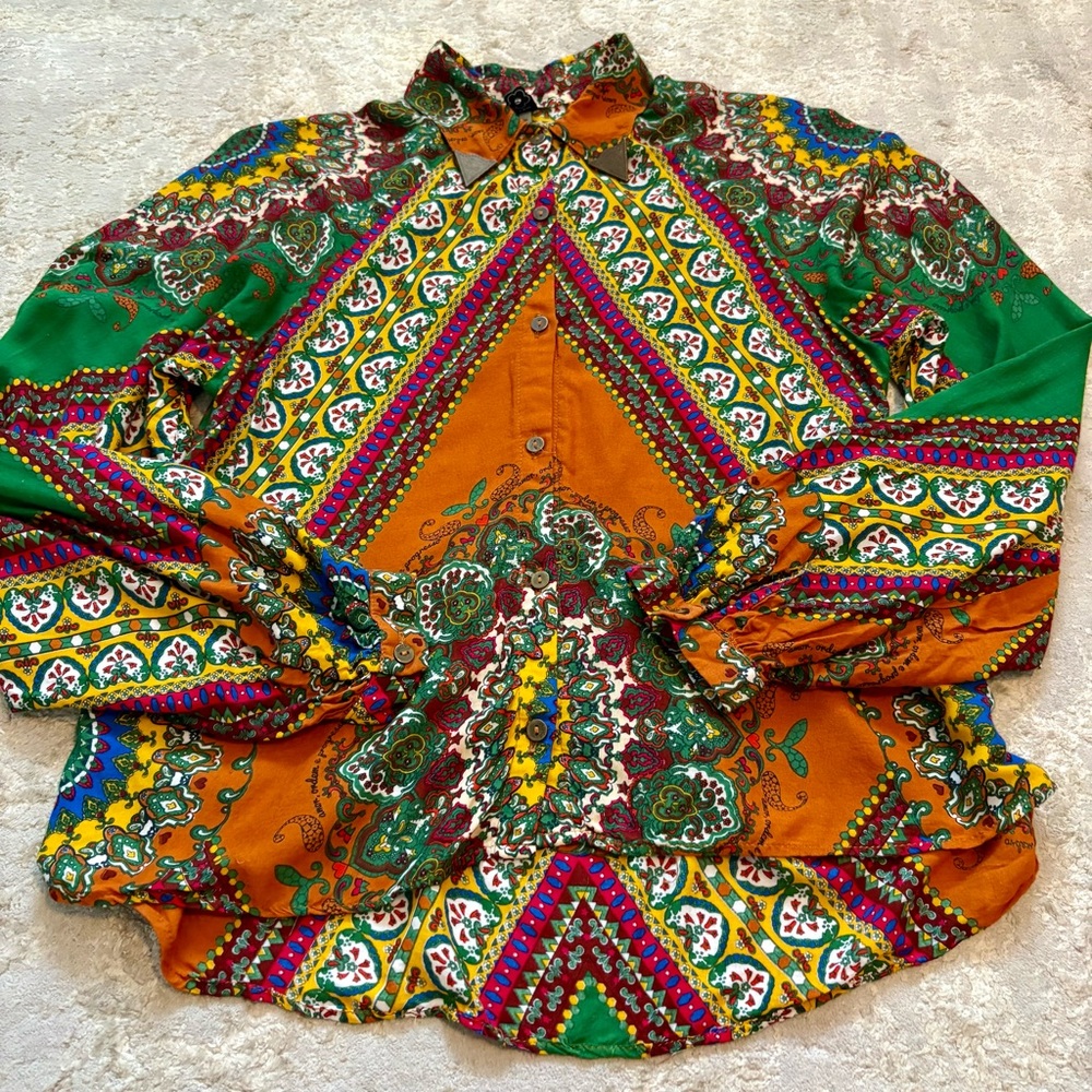 Farm Rio Women’s Colourful Mandel Patterned Button Down Open Back Top Size Small - Picture 9 of 16